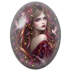 Cabochon en Verre Illustré Femme aux Oiseaux Blancs et Fleurs Pourpres pour la Création de Bijoux Fantaisie - DIY