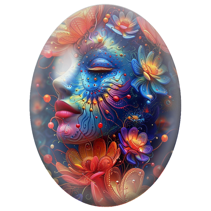 Cabochon en Verre Illustré Visage Bleu aux Fleurs Lumineuses 13x18, 18x25 ou 30x40mm