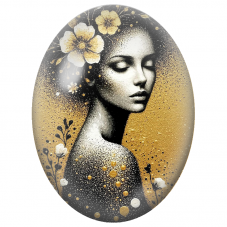 Cabochon en Verre Illustré Femme Noire et Or aux Fleurs Blanches pour la Création de Bijoux Fantaisie - DIY