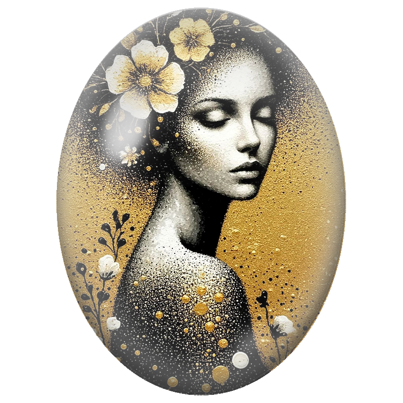 Cabochon en Verre Illustré Femme Noire et Or aux Fleurs Blanches 13x18, 18x25 ou 30x40mm