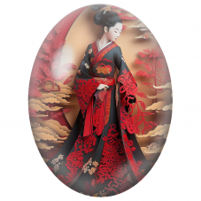 Cabochon en Verre Illustré Femme Japonaise en Kimono Noir et Rouge pour la Création de Bijoux Fantaisie - DIY