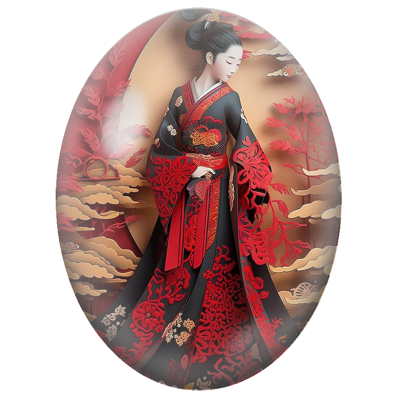 Cabochon en Verre Illustré Femme Japonaise en Kimono Noir et Rouge 13x18, 18x25 ou 30x40mm