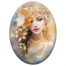 Cabochon en Verre Illustré Femme Blonde aux Fleurs Dorées pour la Création de Bijoux Fantaisie - DIY