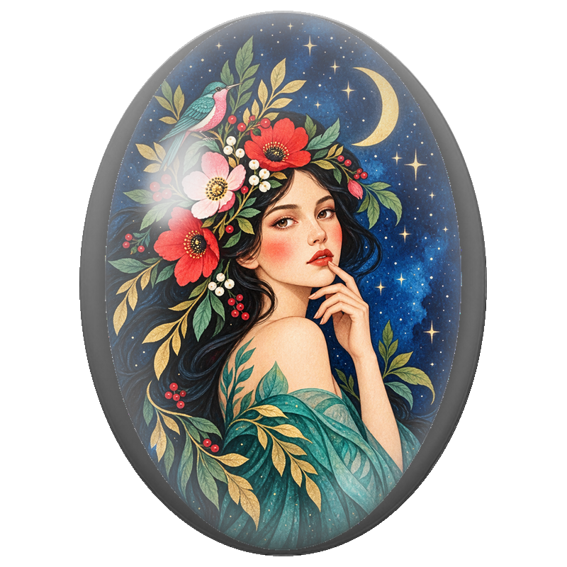 Cabochon en Verre Illustré Frida Kahlo au Colibri et Couronne Fleurie 13x18, 18x25 ou 30x40mm