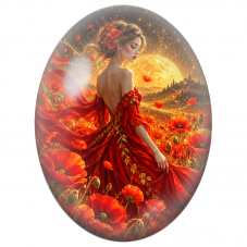 Cabochon en Verre Illustré Femme en Robe Rouge au Champ de Coquelicots pour la Création de Bijoux Fantaisie - DIY