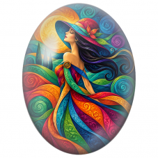Cabochon en Verre Illustré Femme au Chapeau parmi les Spirales Colorées pour la Création de Bijoux Fantaisie - DIY