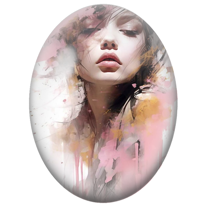 Cabochon en Verre Illustré Visage Féminin Aquarelle Rose et Or 13x18, 18x25 ou 30x40mm
