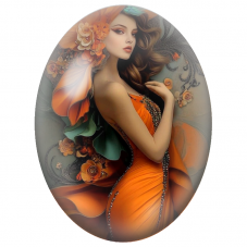 Cabochon en Verre Illustré Femme en Robe Orange aux Fleurs et Plumes Noires pour la Création de Bijoux Fantaisie - DIY