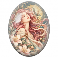 Cabochon en Verre Illustré Femme Endormie aux Cheveux Roses Art Nouveau pour la Création de Bijoux Fantaisie - DIY