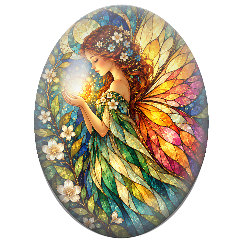 Cabochon en Verre Illustré Fée Mosaïque Tenant une Lumière 13x18, 18x25 ou 30x40mm