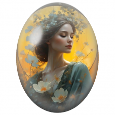 Cabochon en Verre Illustré Femme aux Fleurs Blanches devant le Soleil pour la Création de Bijoux Fantaisie - DIY