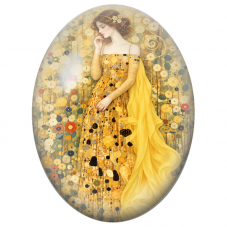 Cabochon en Verre Illustré Femme en Robe Dorée au Jardin Fleuri pour la Création de Bijoux Fantaisie - DIY