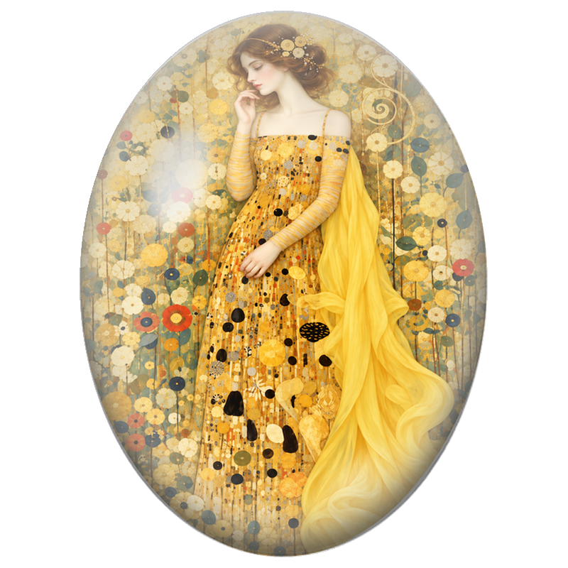 Cabochon en Verre Illustré Femme en Robe Dorée au Jardin Fleuri 13x18, 18x25 ou 30x40mm