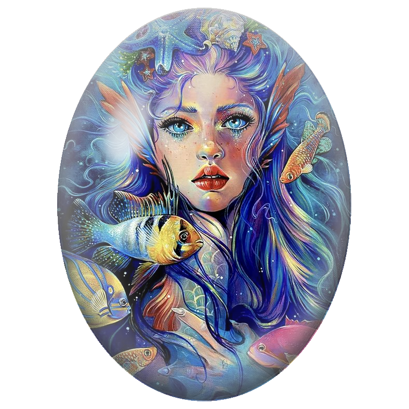Cabochon en Verre Illustré Femme Aquatique aux Poissons Tropicaux 13x18, 18x25 ou 30x40mm