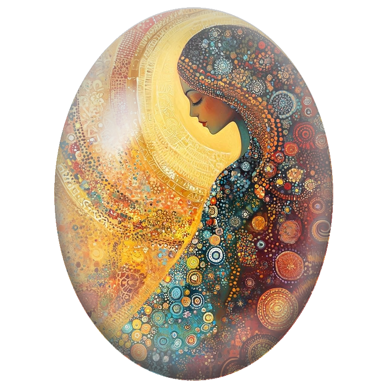 Cabochon en Verre Illustré Femme au Voile de Mandalas Colorés 13x18, 18x25 ou 30x40mm