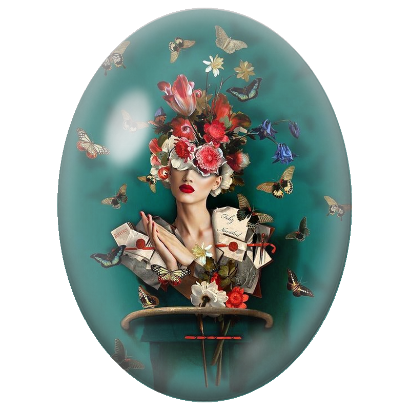 Cabochon en Verre Illustré Femme aux Lettres Fleurs et Papillons 13x18, 18x25 ou 30x40mm