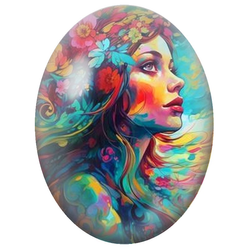 Cabochon en Verre Illustré Femme au Visage et aux Fleurs Multicolores 13x18, 18x25 ou 30x40mm