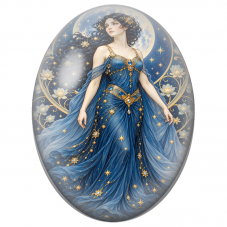 Cabochon en Verre Illustré Déesse de la Nuit en Robe Bleue sous la Lune pour la Création de Bijoux Fantaisie - DIY