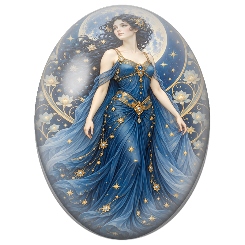 Cabochon en Verre Illustré Déesse de la Nuit en Robe Bleue sous la Lune 13x18, 18x25 ou 30x40mm