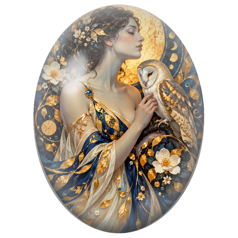 Cabochon en Verre Illustré Femme Bleue aux Spirales Dorées 13x18, 18x25 ou 30x40mm