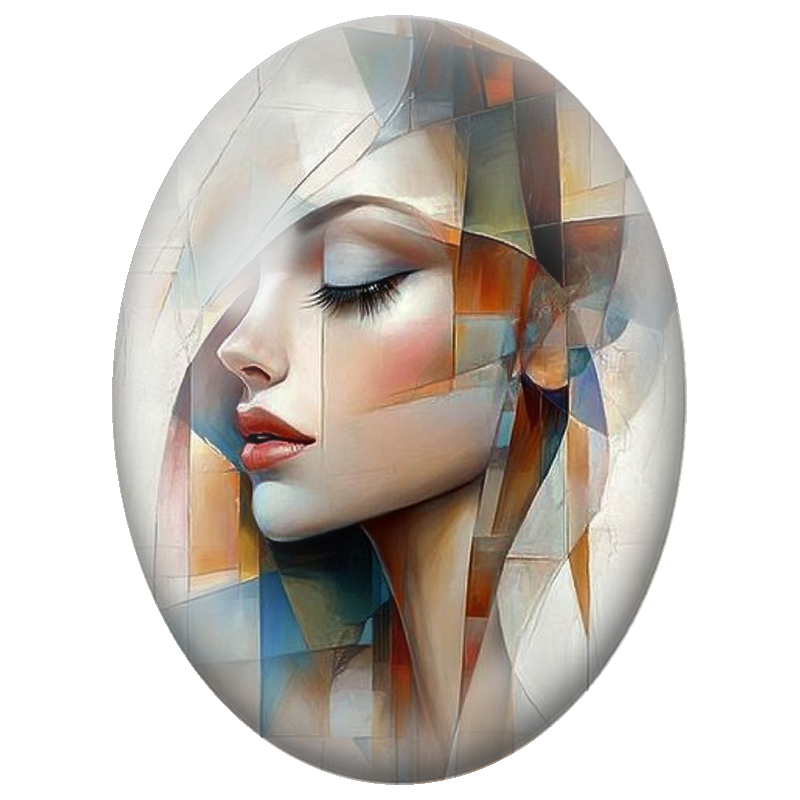 Cabochon en Verre Illustré Visage Féminin Géométrique aux Éclats Cuivrés 13x18, 18x25 ou 30x40mm