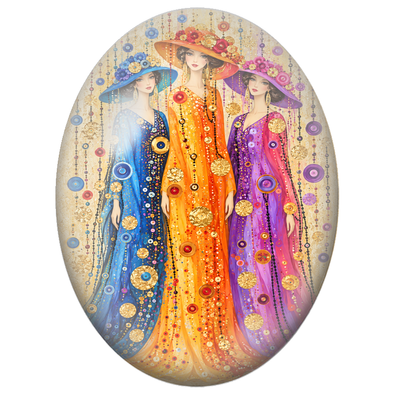Cabochon en Verre Illustré Trois Femmes aux Chapeaux Colorés et Or 13x18, 18x25 ou 30x40mm