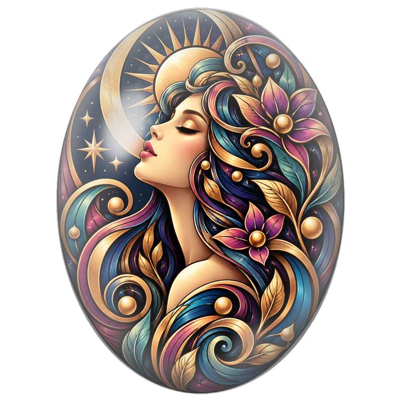 Cabochon en Verre Illustré Femme aux Spirales Rétro Multicolores 13x18, 18x25 ou 30x40mm