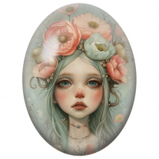 Cabochon en Verre Illustré Jeune Femme aux Coquelicots Pastel pour la Création de Bijoux Fantaisie - DIY