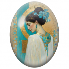 Cabochon en Verre Illustré Femme au Halo Doré et Fleur Bleue pour la Création de Bijoux Fantaisie - DIY