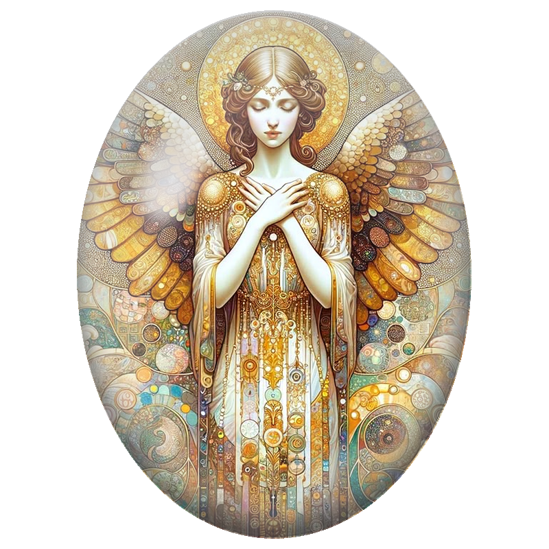 Cabochon en Verre Illustré Ange aux Ailes Dorées et Robe Précieuse 13x18, 18x25 ou 30x40mm