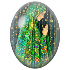Cabochon en Verre Illustré Femme en Prière au Voile Vert pour la Création de Bijoux Fantaisie - DIY