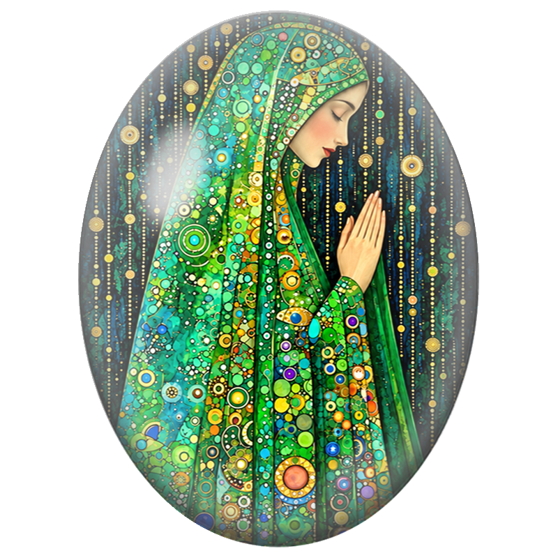 Cabochon en Verre Illustré Femme en Prière au Voile Vert 13x18, 18x25 ou 30x40mm