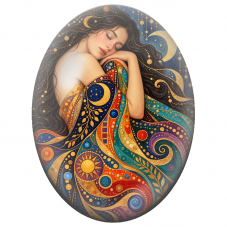 Cabochon en Verre Illustré Femme Endormie aux Cercles Multicolores pour la Création de Bijoux Fantaisie - DIY