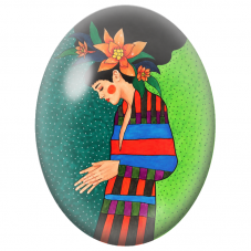Cabochon en Verre Illustré Femme à la Haute Coiffure et Fleurs Orange pour la Création de Bijoux Fantaisie - DIY