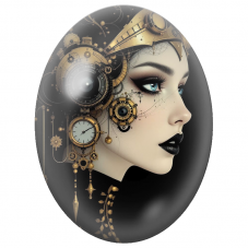 Cabochon en Verre Illustré Femme Steampunk aux Engrenages Dorés pour la Création de Bijoux Fantaisie - DIY