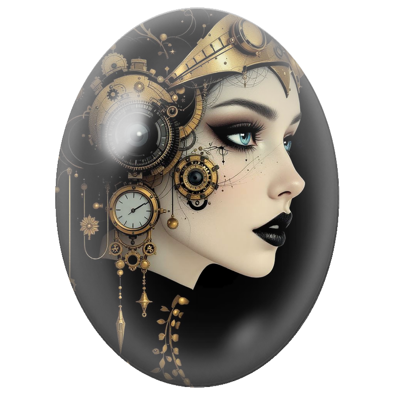 Cabochon en Verre Illustré Femme Steampunk aux Engrenages Dorés 13x18, 18x25 ou 30x40mm