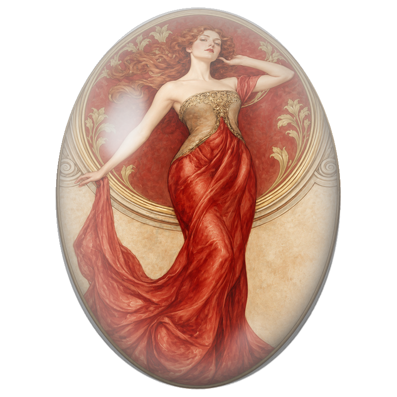 Cabochon en Verre Illustré Femme Rousse en Robe Rouge Art Nouveau 13x18, 18x25 ou 30x40mm
