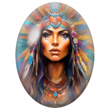 Cabochon en Verre Illustré Femme à la Coiffe de Plumes Multicolores pour la Création de Bijoux Fantaisie - DIY
