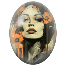 Cabochon en Verre Illustré Visage Féminin aux Fleurs Orange Graphiques pour la Création de Bijoux Fantaisie - DIY