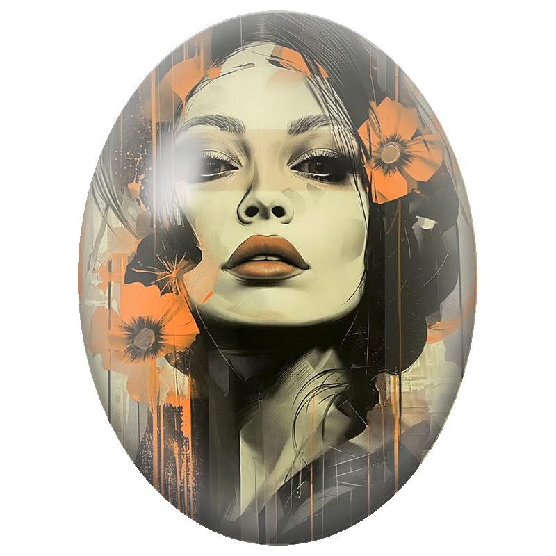 Cabochon en Verre Illustré Visage Féminin aux Fleurs Orange Graphiques 13x18, 18x25 ou 30x40mm