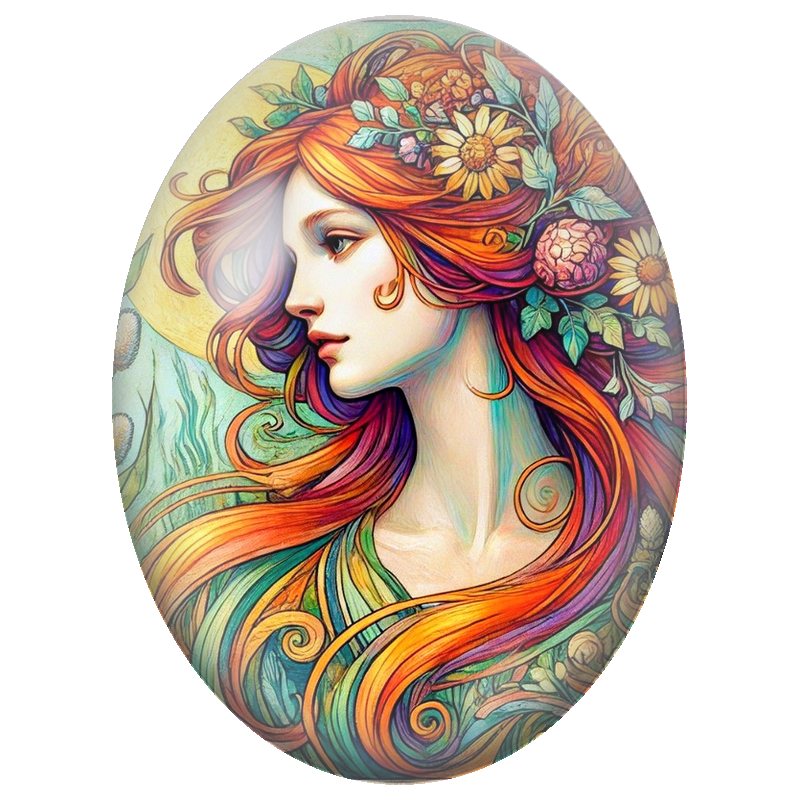 Cabochon en Verre Illustré Femme Rousse aux Fleurs Art Nouveau 13x18, 18x25 ou 30x40mm