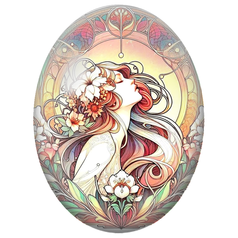 Cabochon en Verre Illustré Femme aux Lys Pastel Art Nouveau 13x18, 18x25 ou 30x40mm