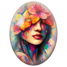 Cabochon en Verre Illustré Visage Féminin aux Fleurs et Papillons Colorés pour la Création de Bijoux Fantaisie - DIY