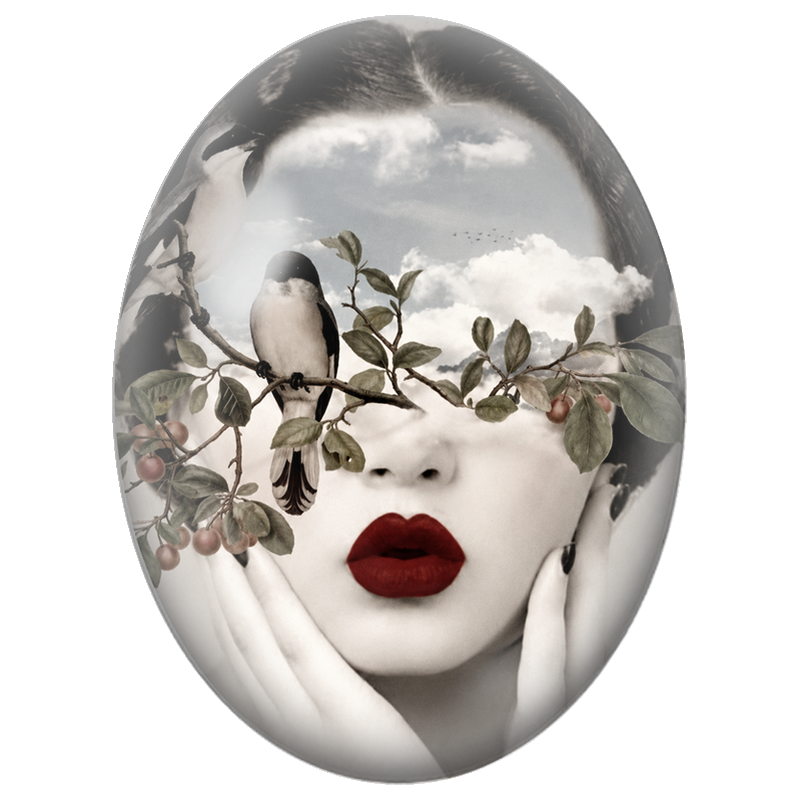 Cabochon en Verre Illustré Femme aux Oiseaux et Ciel dans le Regard 13x18, 18x25 ou 30x40mm