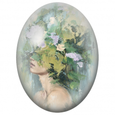 Cabochon en Verre Illustré Femme aux Fleurs Vertes Abstraites pour la Création de Bijoux Fantaisie - DIY