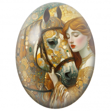 Cabochon en Verre Illustré Femme Rousse avec Cheval aux Spirales Dorées pour la Création de Bijoux Fantaisie - DIY