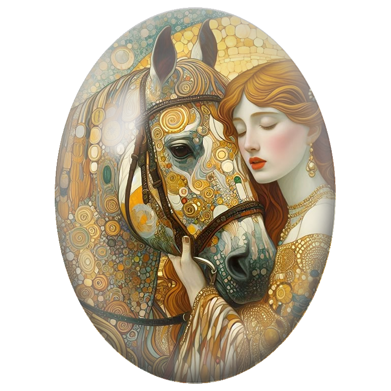 Cabochon en Verre Illustré Femme Rousse avec Cheval aux Spirales Dorées 13x18, 18x25 ou 30x40mm