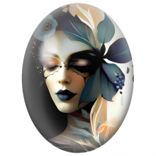 Cabochon en Verre Illustré Femme au Masque Noir et Fleurs Bleu Nuit pour la Création de Bijoux Fantaisie - DIY