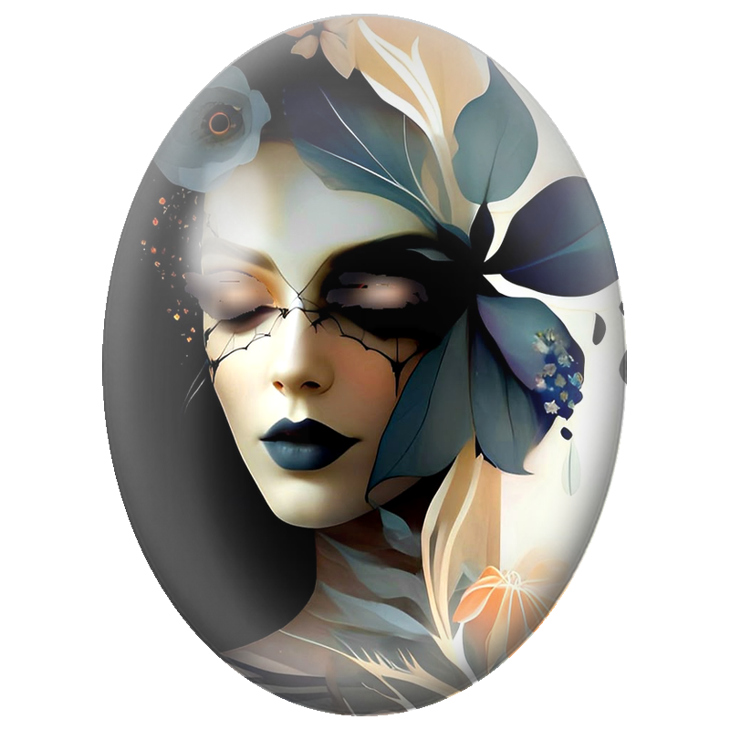 Cabochon en Verre Illustré Femme au Masque Noir et Fleurs Bleu Nuit 13x18, 18x25 ou 30x40mm