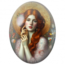 Cabochon en Verre Illustré Femme Rousse au Halo Doré et Roses pour la Création de Bijoux Fantaisie - DIY